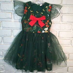 Mini Taylor Girls Green Holiday Dress Sz 3/4 Tulle Birds Holly Bow Formal